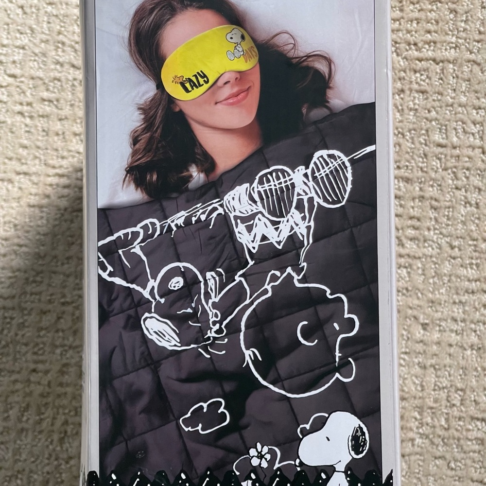 Snoopy Peanuts Black and White Weighted Blanket with Yellow Eye Mask